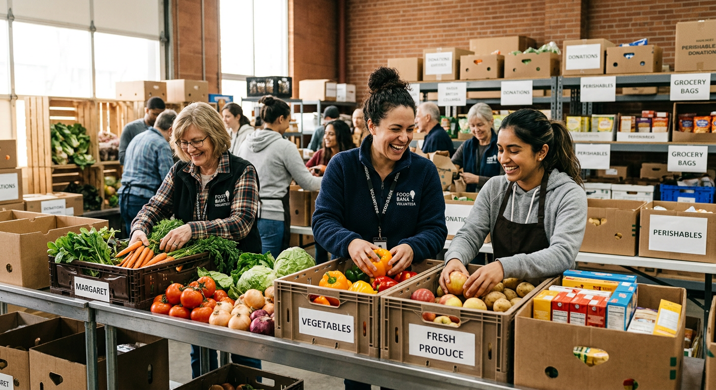 Volunteers sorting fresh produce at a community food bank