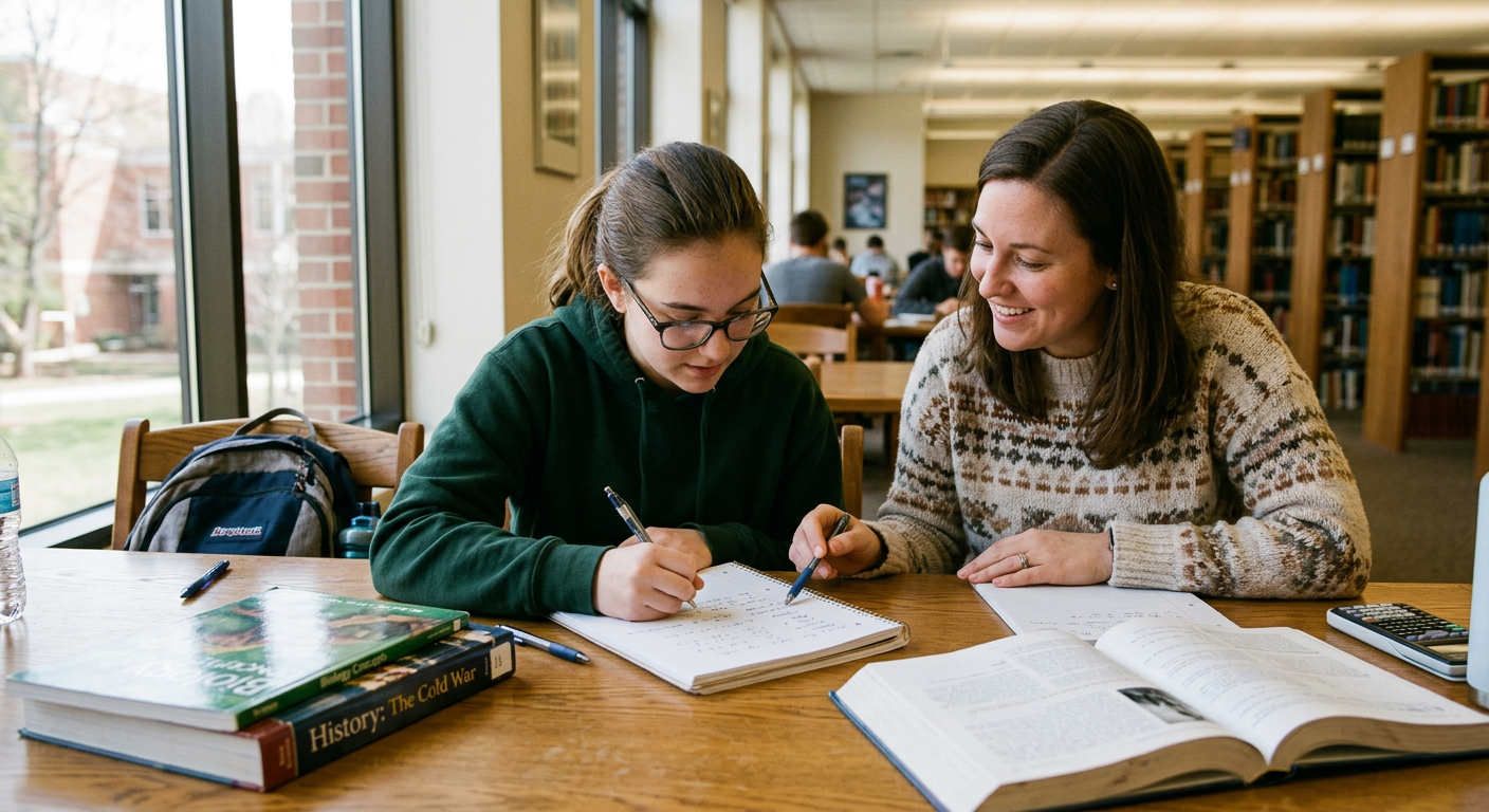 A student studying with a mentor at a library table