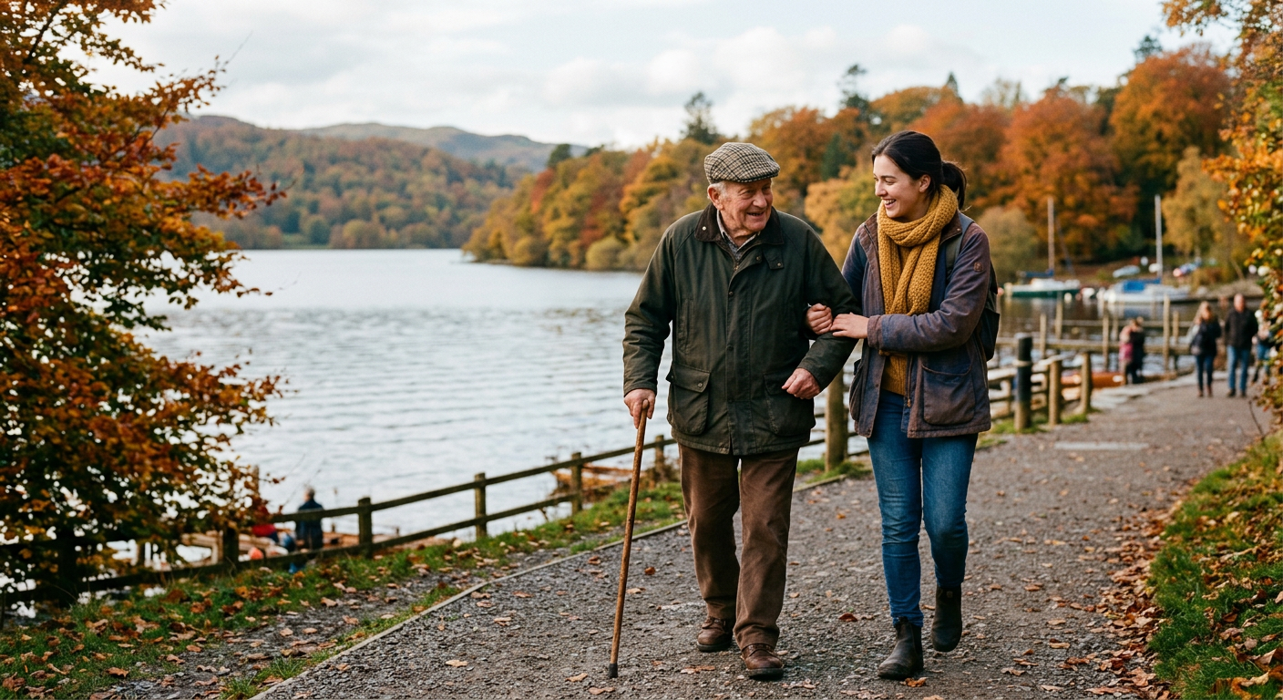 An elderly man and a young caregiver walking on a waterfront path