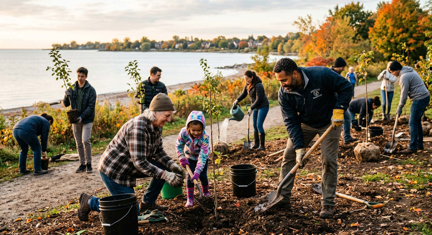 Community volunteers planting trees together in a lakeside park